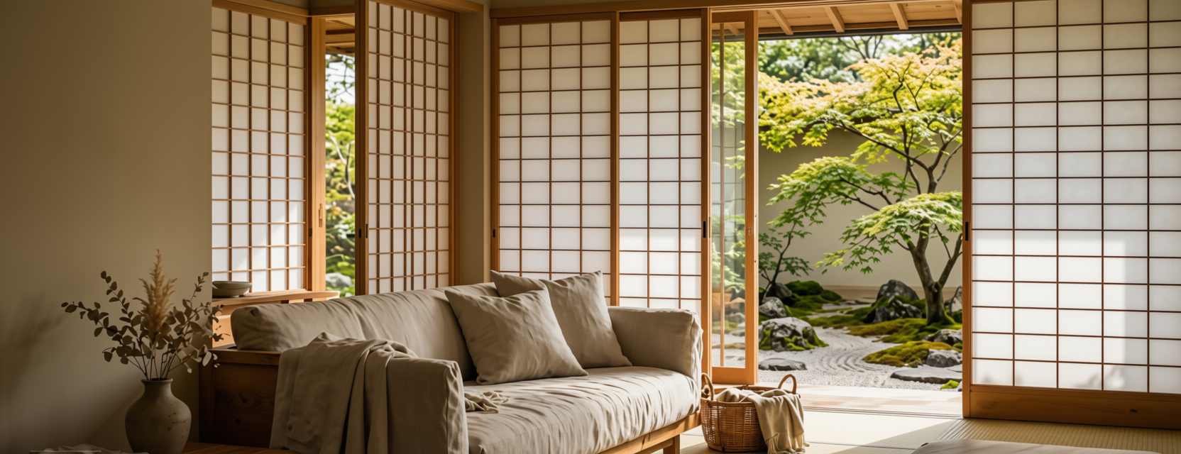 Living room with low sofa, shoji screens and a raked zen garden