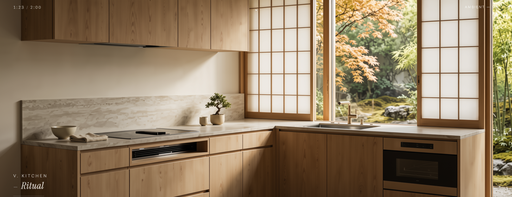Modern kitchen with light wood cabinetry and shoji-style windows