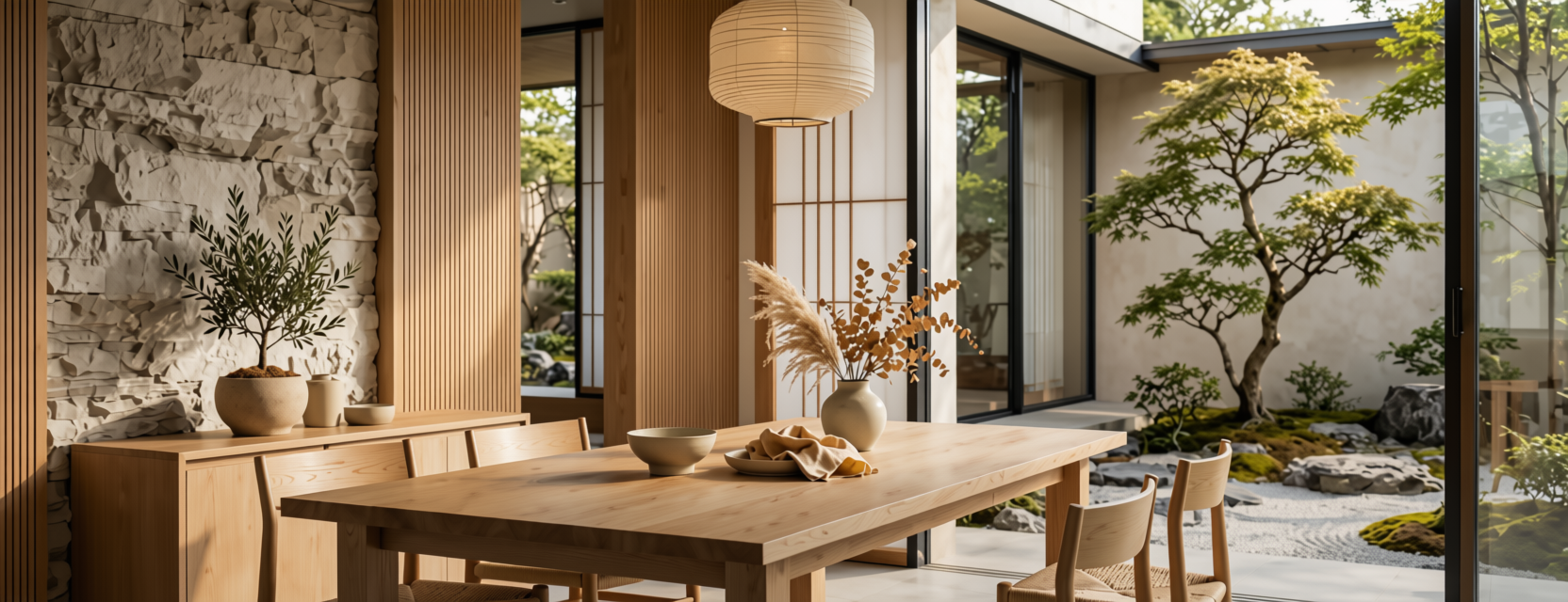 Dining area with long wooden table and courtyard maple tree
