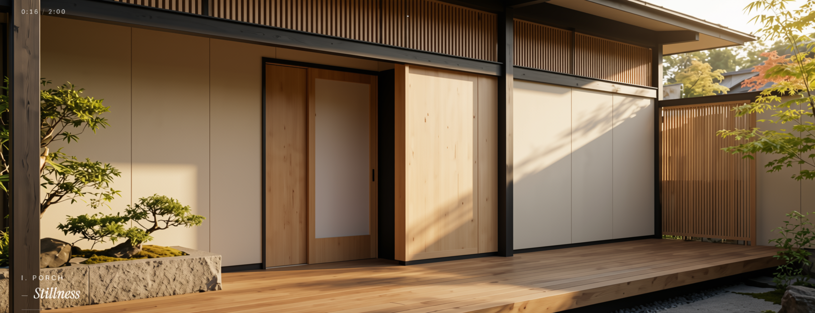 Minimalist porch with wooden decking and a small bonsai garden