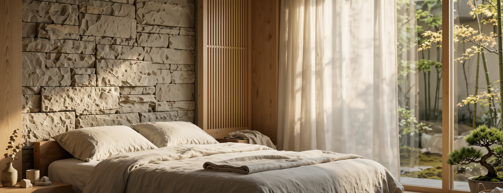 Bedroom with textured stone wall, wooden slats and white linens