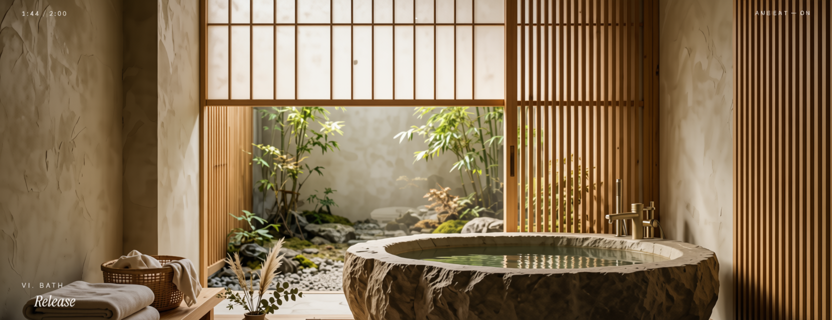 Japanese bathroom with stone tub facing a zen garden